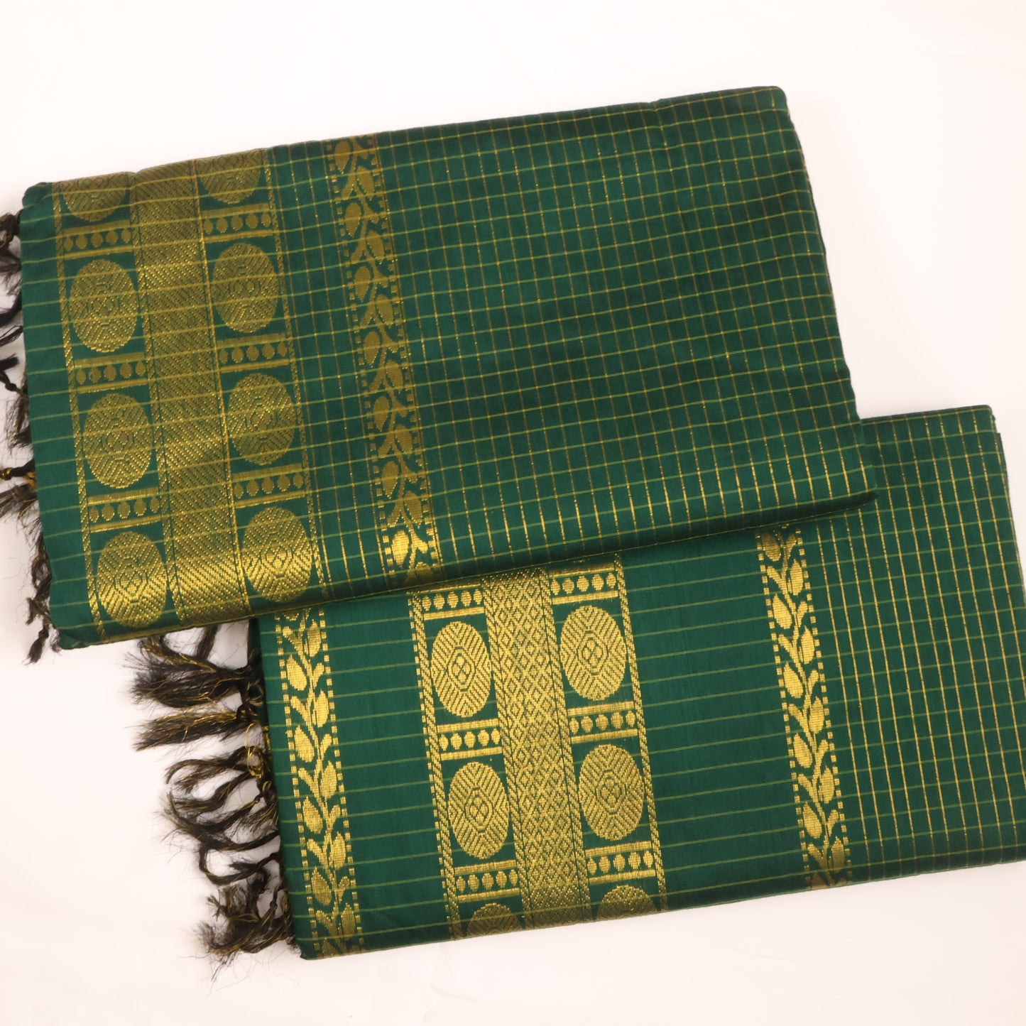 Emerald Green Mangalyam Checked Cotton Saree with Gold Zari Border
