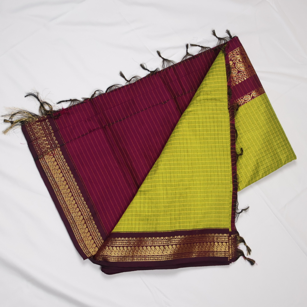 Lime Green & Royal Purple Kalyani Cotton Saree with Gold Zari Border