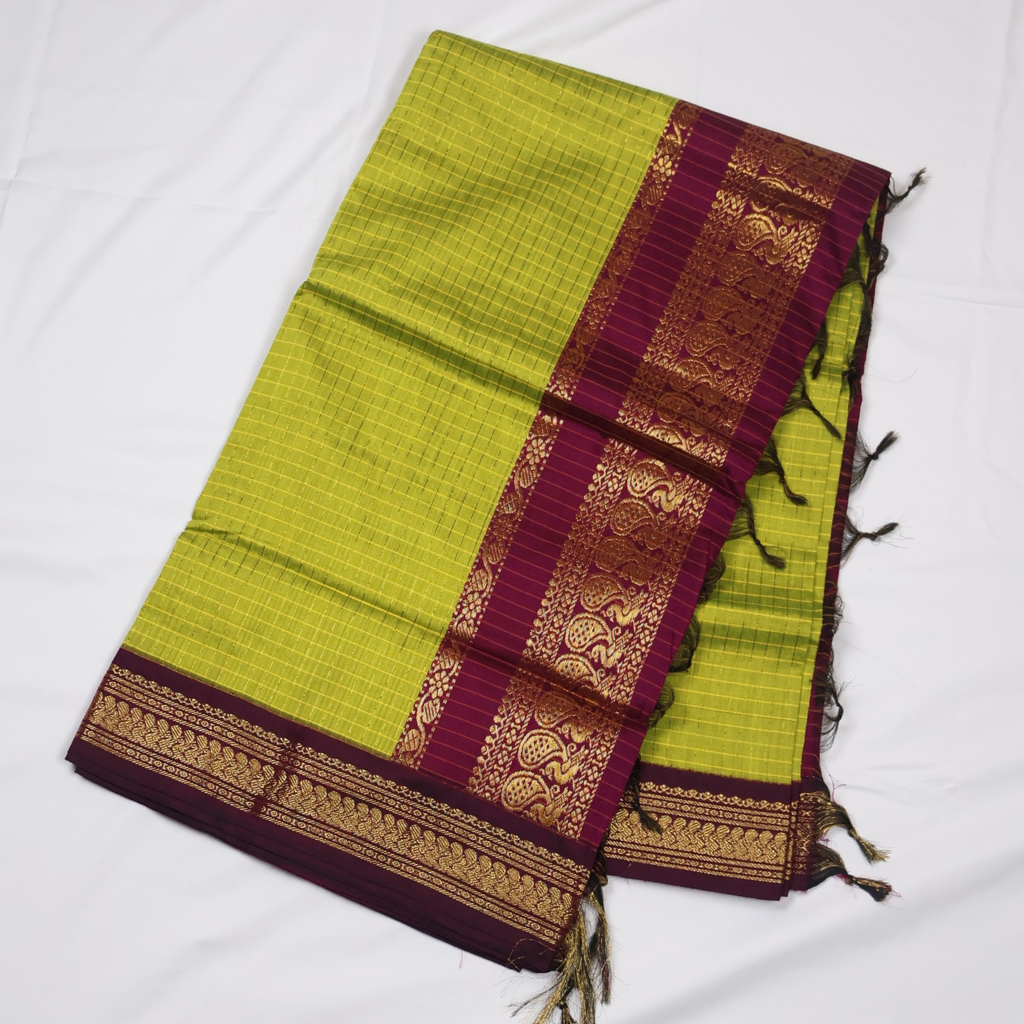 Lime Green & Royal Purple Kalyani Cotton Saree with Gold Zari Border