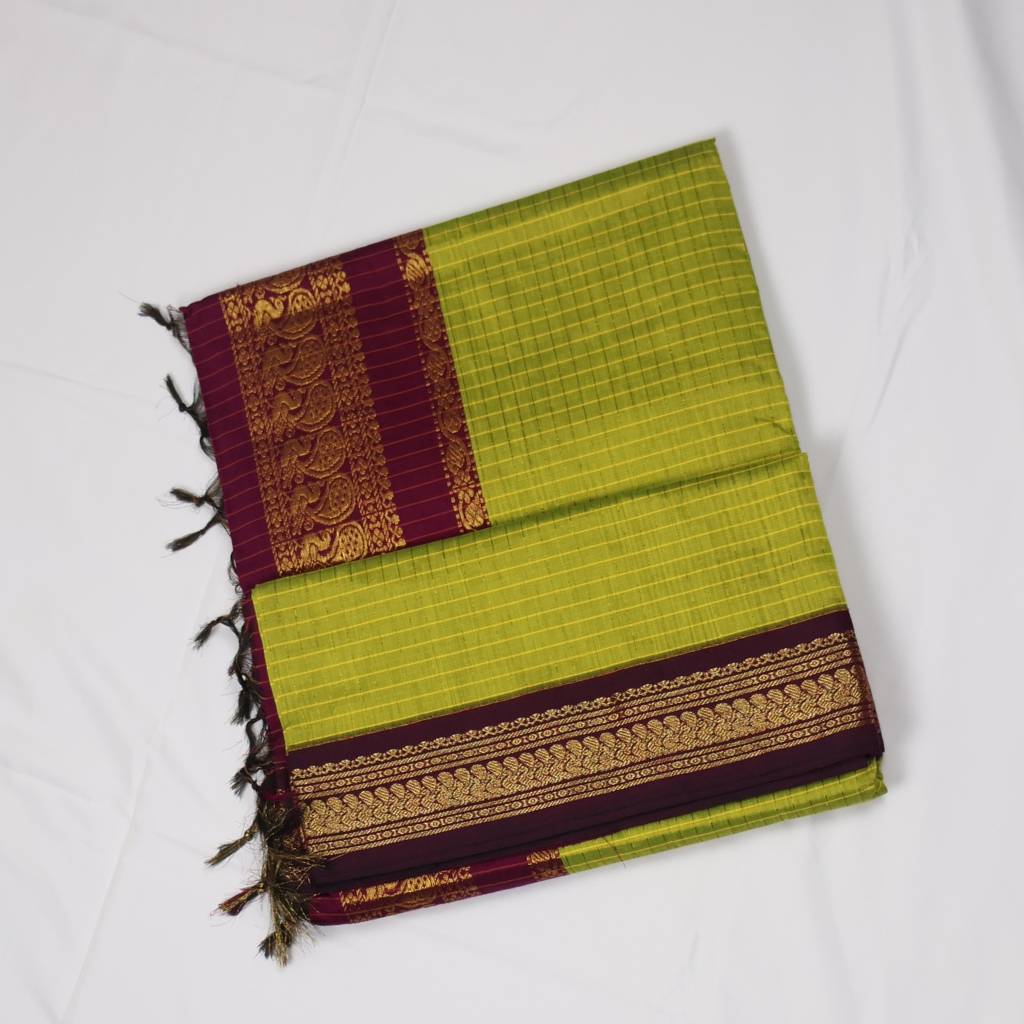 Lime Green & Royal Purple Kalyani Cotton Saree with Gold Zari Border