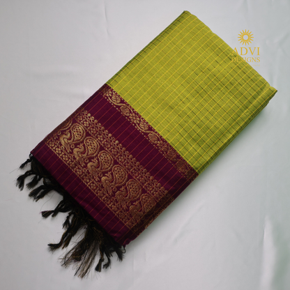 Lime Green & Royal Purple Kalyani Cotton Saree with Gold Zari Border