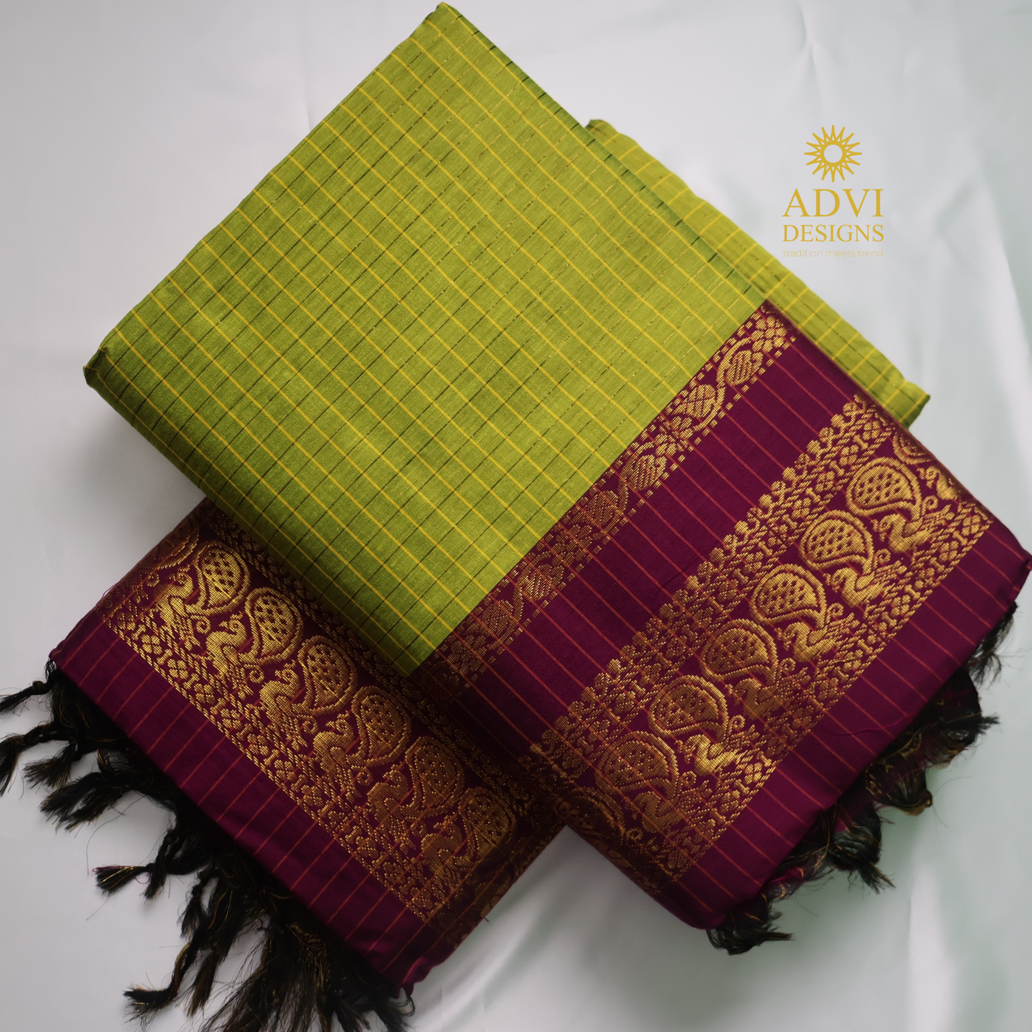 Lime Green & Royal Purple Kalyani Cotton Saree with Gold Zari Border