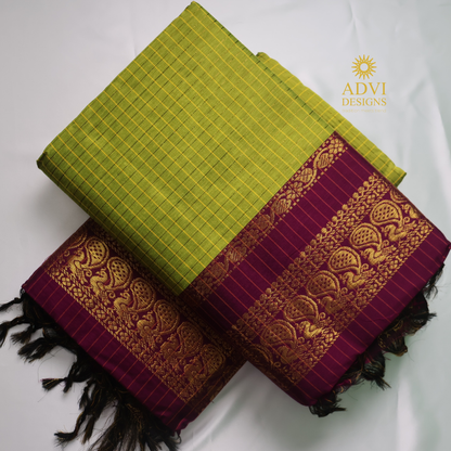 Lime Green & Royal Purple Kalyani Cotton Saree with Gold Zari Border