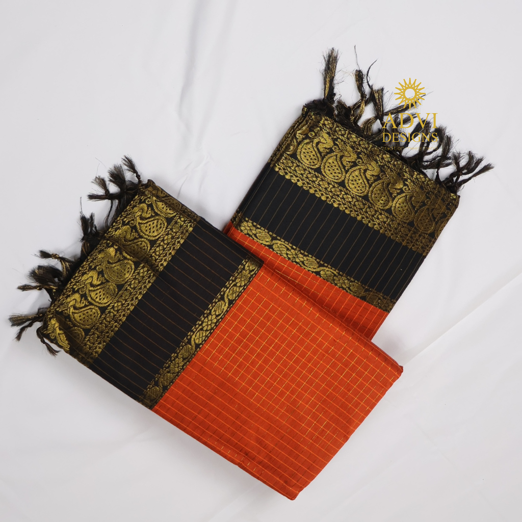 Orange & Black Kalyani Cotton Saree with Gold Zari Border
