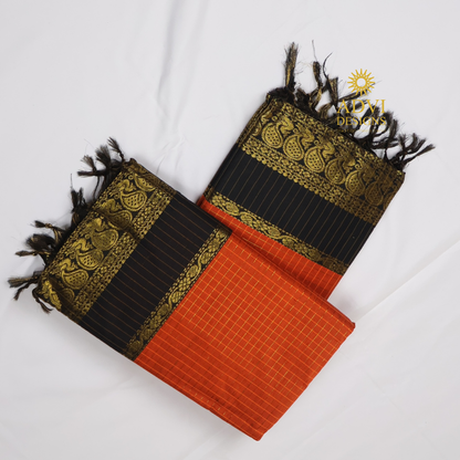 Orange & Black Kalyani Cotton Saree with Gold Zari Border