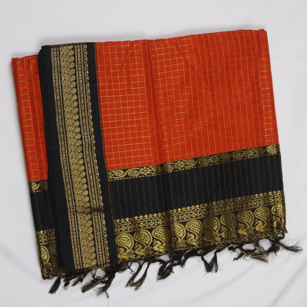 Orange & Black Kalyani Cotton Saree with Gold Zari Border