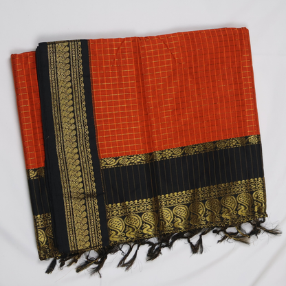 Orange & Black Kalyani Cotton Saree with Gold Zari Border