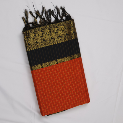 Orange & Black Kalyani Cotton Saree with Gold Zari Border