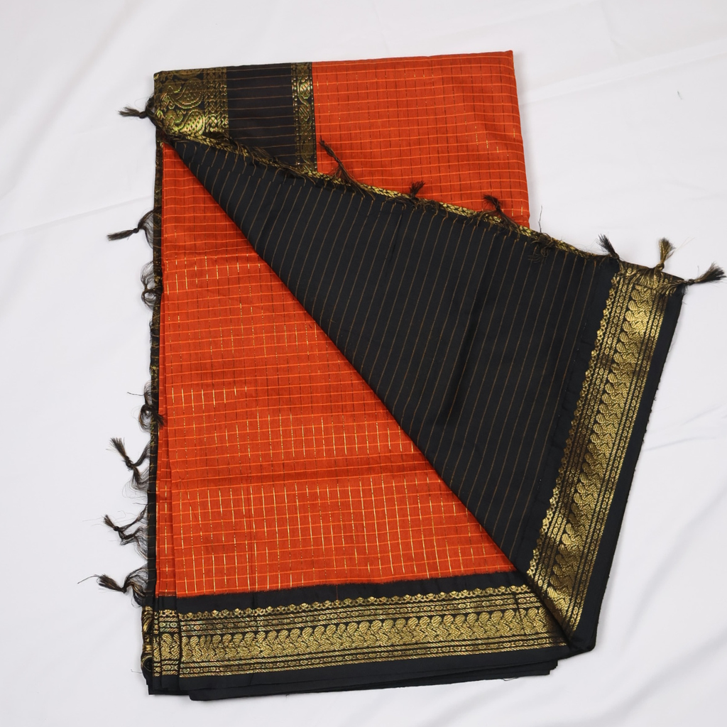 Orange & Black Kalyani Cotton Saree with Gold Zari Border