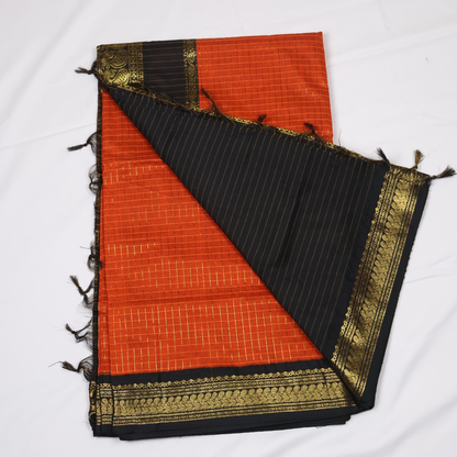 Orange & Black Kalyani Cotton Saree with Gold Zari Border