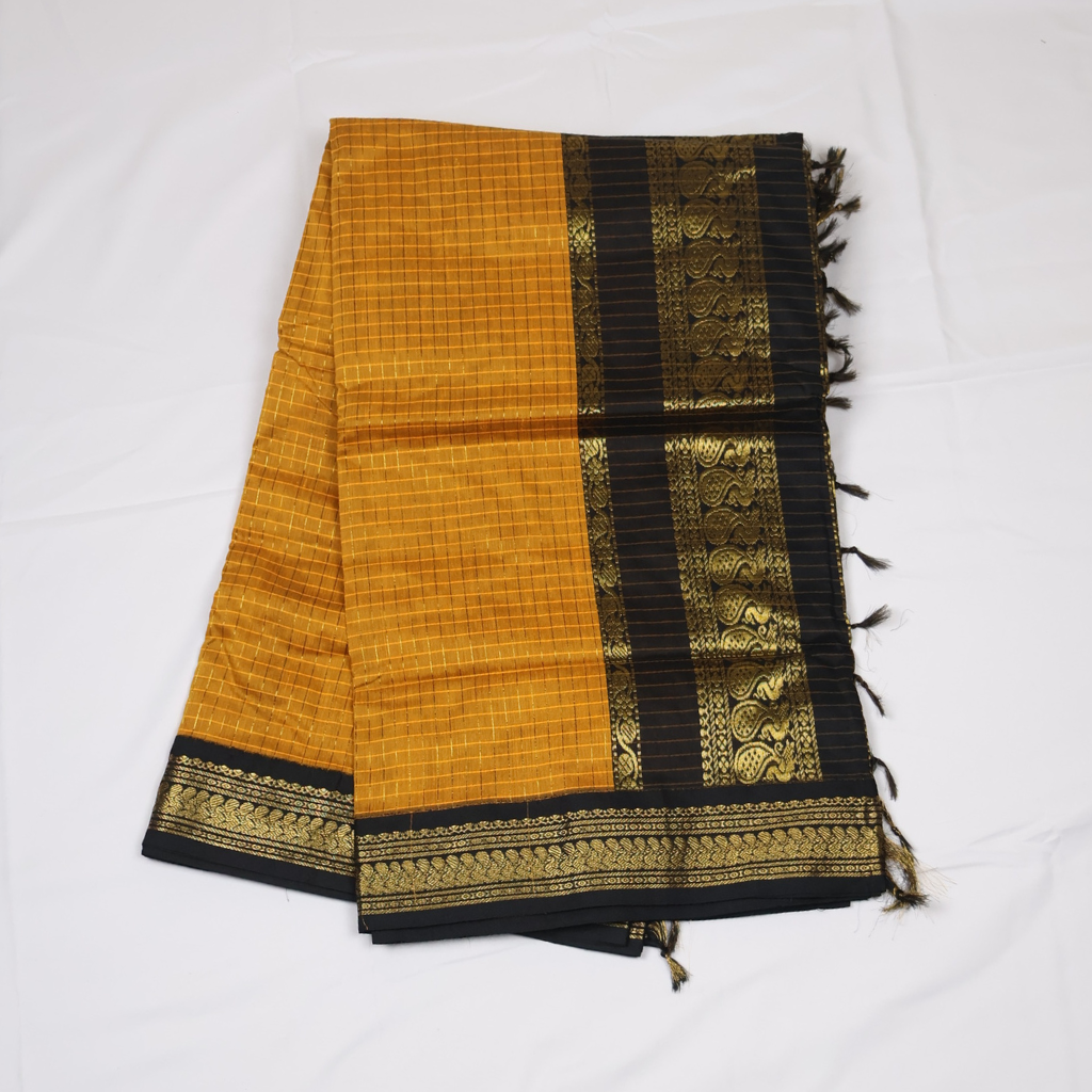Mustard Yellow & Black Kalyani Cotton Saree with Rich Gold Zari Border