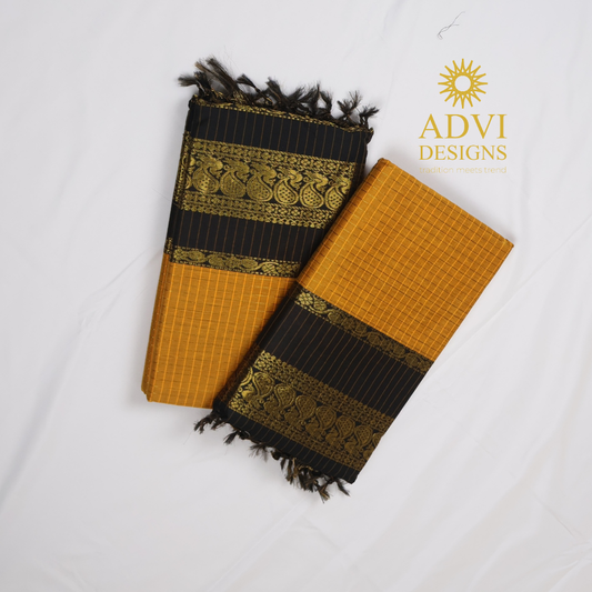Mustard Yellow & Black Kalyani Cotton Saree with Rich Gold Zari Border