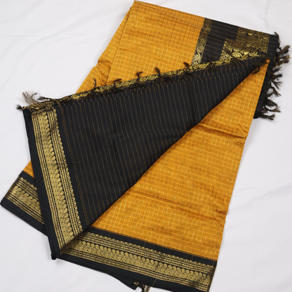 Mustard Yellow & Black Kalyani Cotton Saree with Rich Gold Zari Border