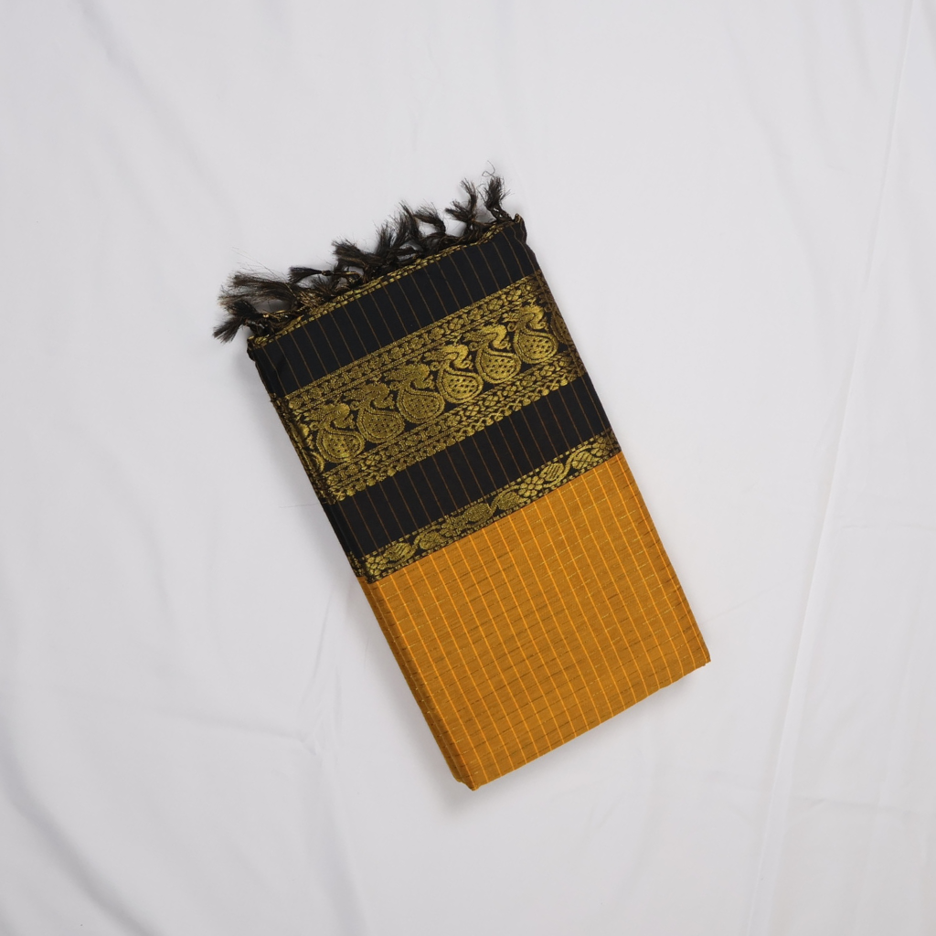 Mustard Yellow & Black Kalyani Cotton Saree with Rich Gold Zari Border