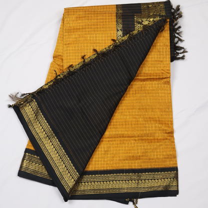 Mustard Yellow & Black Kalyani Cotton Saree with Rich Gold Zari Border