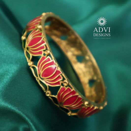 Antique Gold Lotus Enamel Bangle in Pink & Green Design