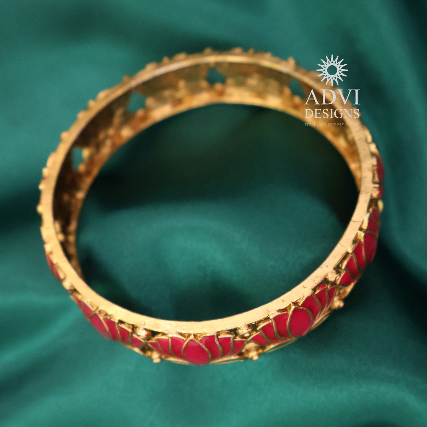Antique Gold Lotus Enamel Bangle in Pink & Green Design