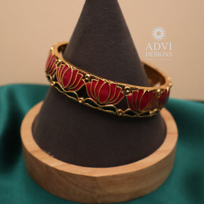 Antique Gold Lotus Enamel Bangle in Pink & Green Design