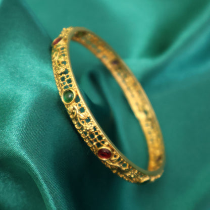 Antique Gold Filigree Bangle with Ruby & Emerald Stone Accents
