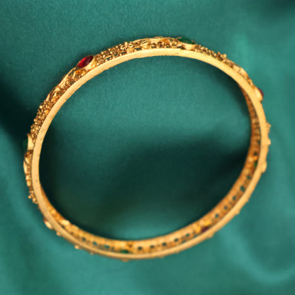 Antique Gold Filigree Bangle with Ruby & Emerald Stone Accents