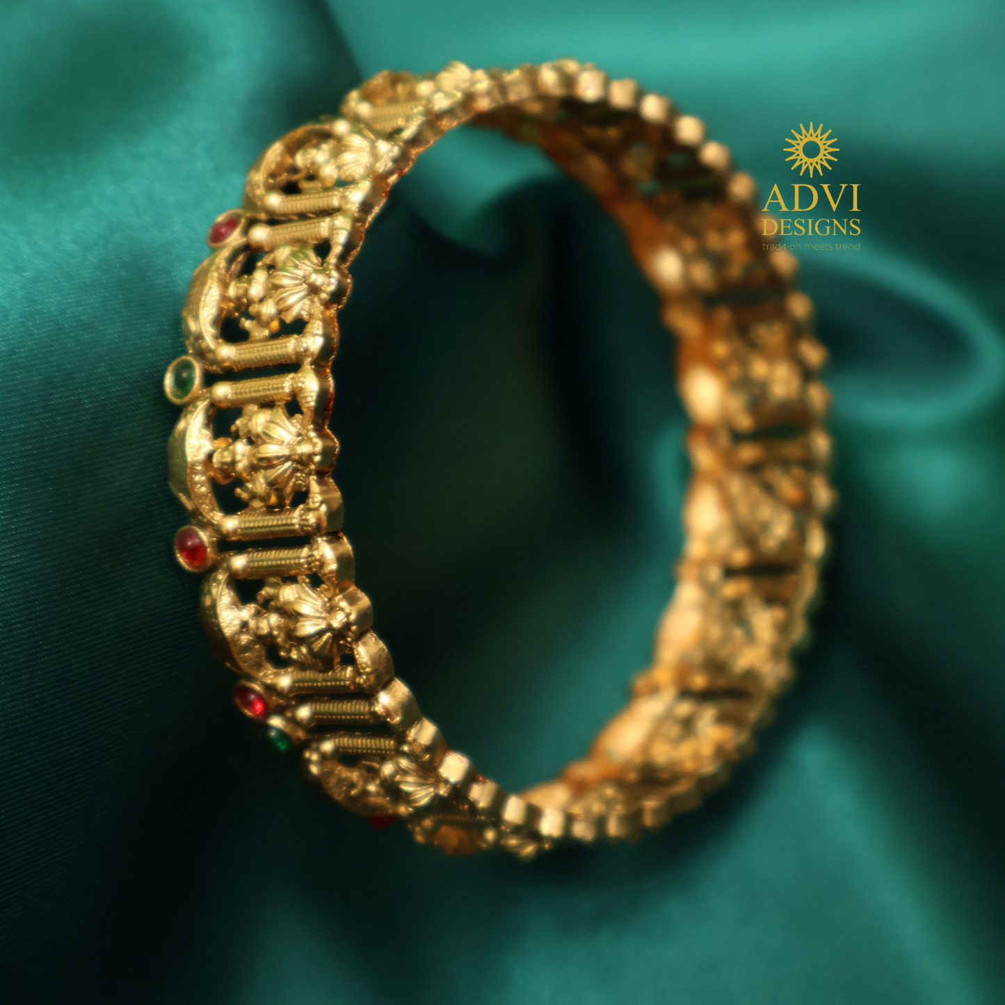 Antique Gold Lakshmi Heritage Bangle with Ruby & Emerald Accents
