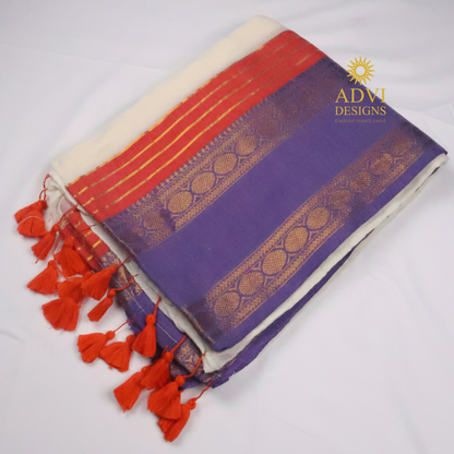 Purple & Cream Mul Cotton Saree with Zari Border