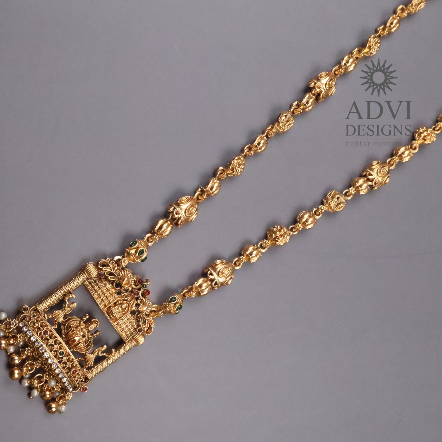 Lakshmi Temple Long Haram Necklace Set with Jhumka Earrings | Antique Gold Finish