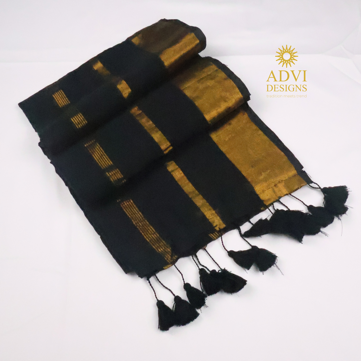 Black Mul Cotton Saree with Gold Zari Stripes
