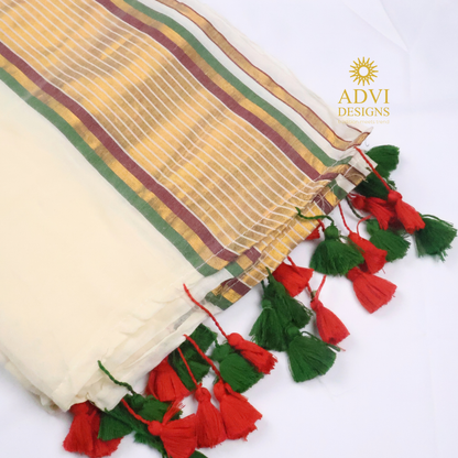 Cream Mul Cotton Saree with Multicolour Striped Border