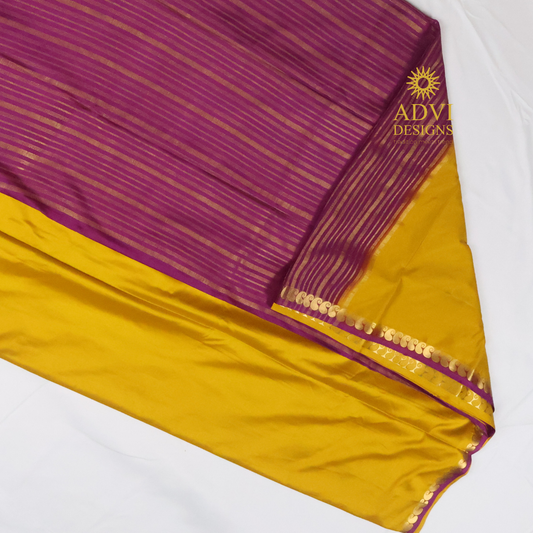 Mustard Yellow & Magenta Semi Mysore Crepe Silk Saree with Striped Pallu