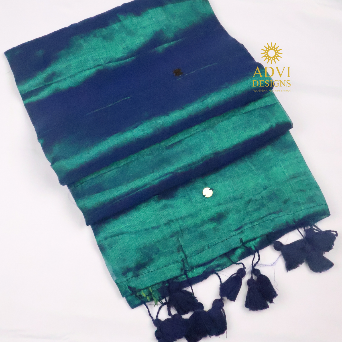 Peacock Green Gini Tissue Saree with Navy Blue Accents