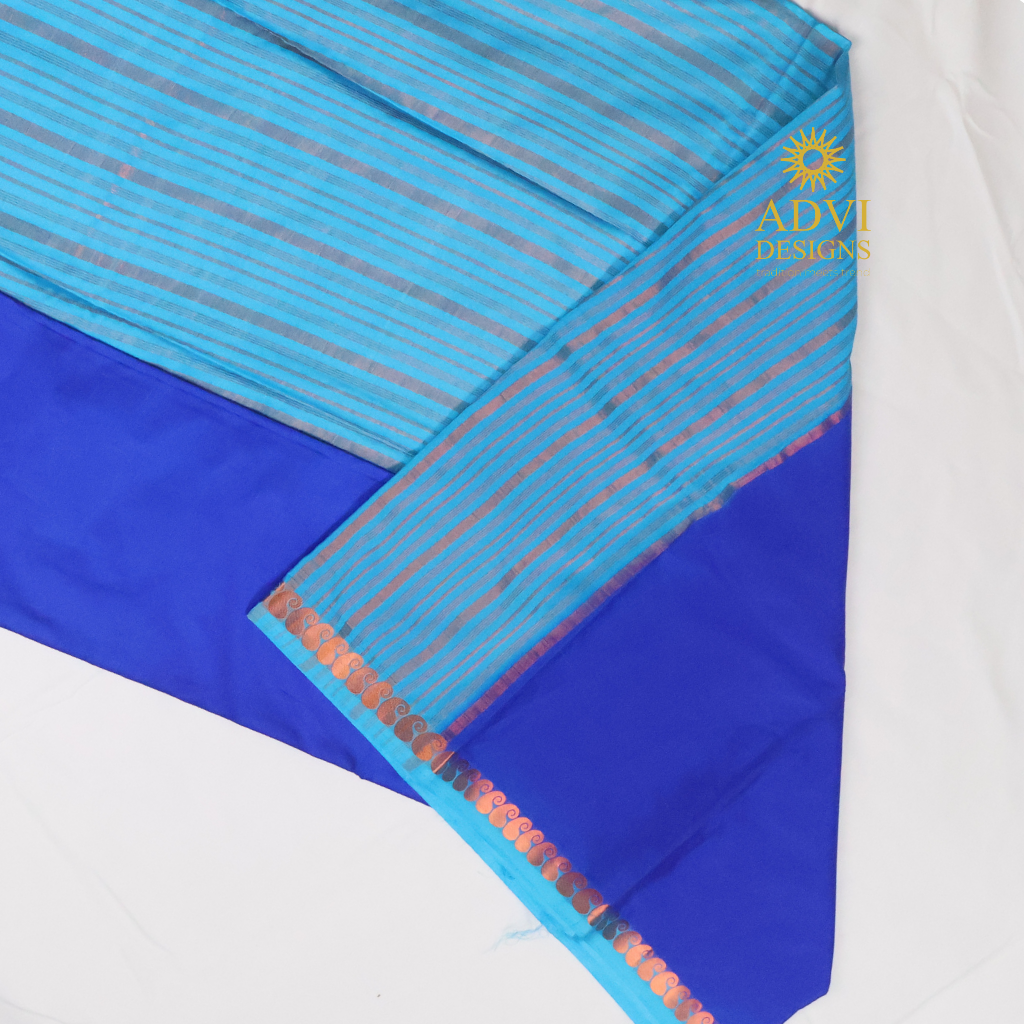 Royal Blue & Sky Blue Semi Mysore Crepe Silk Saree with Striped Pallu