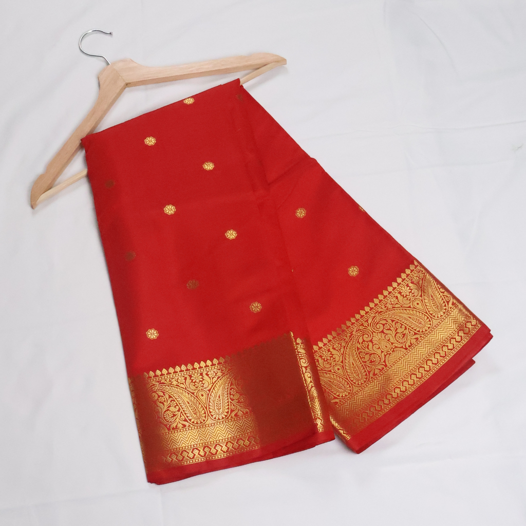 Chilli Red Banarasi Semi Katan Silk Saree with Rich Gold Zari Border