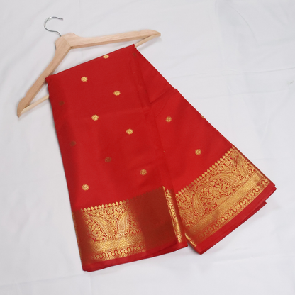 Chilli Red Banarasi Semi Katan Silk Saree with Rich Gold Zari Border
