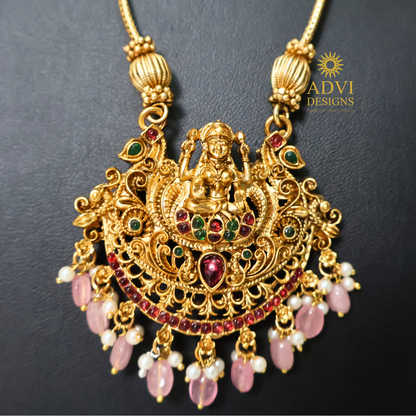 Antique Gold Lakshmi Pendant Haram with Temple Jhumka Earrings & Rose Quartz Drops