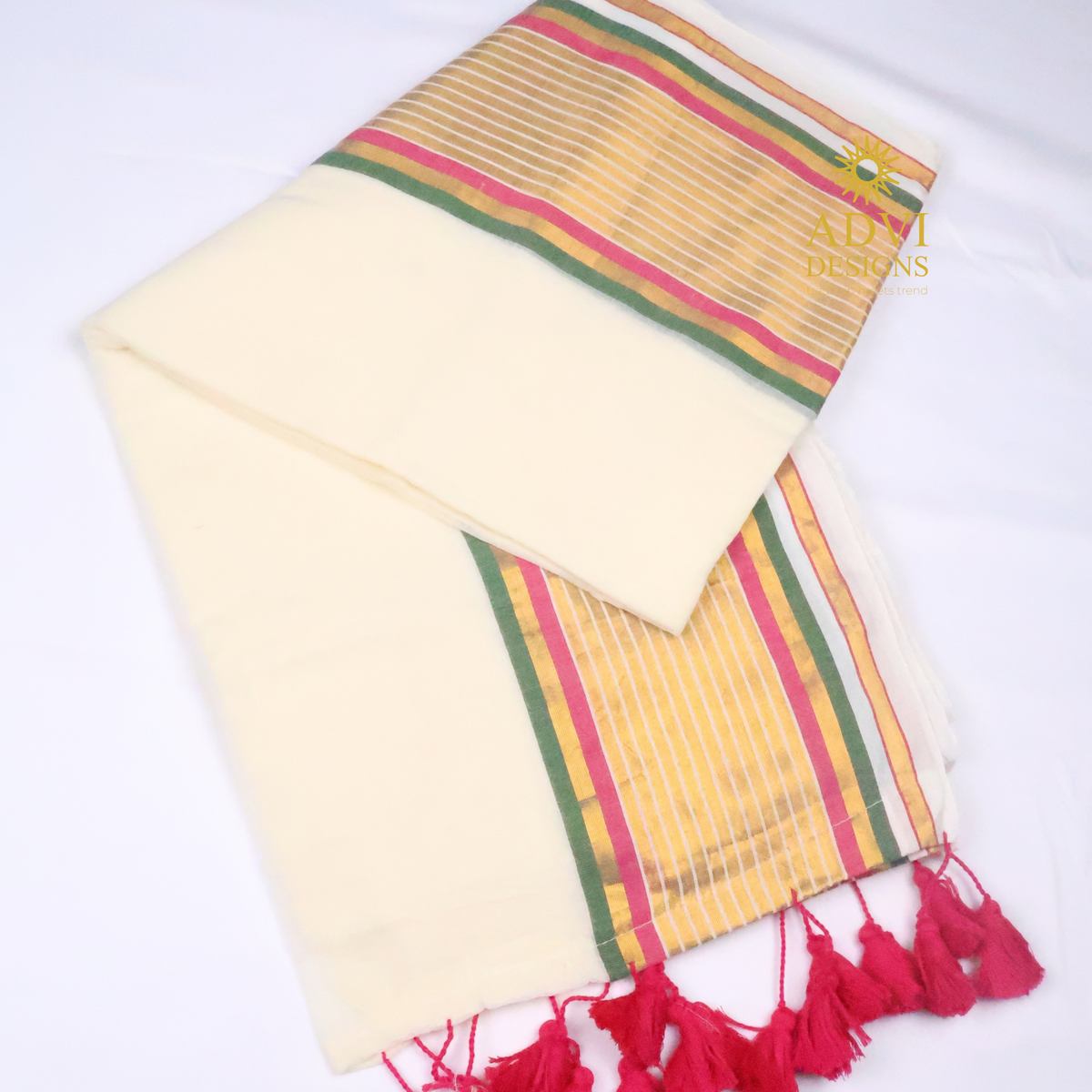 Cream Mul Cotton Saree with Multicolour Striped Border