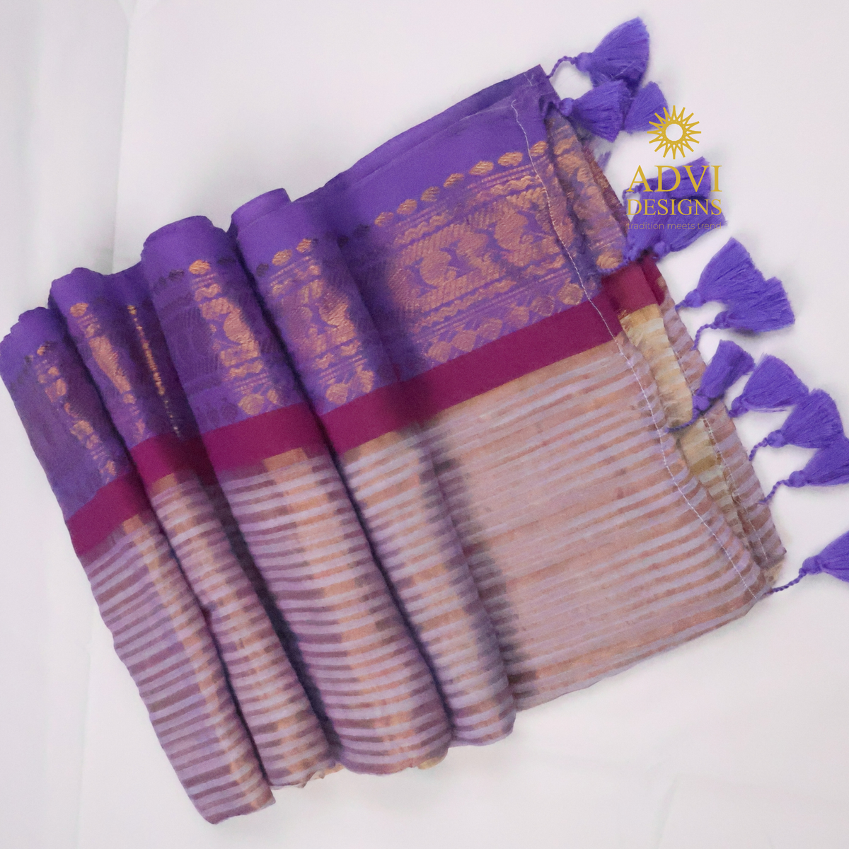 Lavender & Beige Mul Cotton Saree with Woven Zari Border