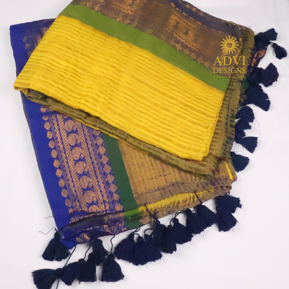 Royal Blue & Mustard Mul Cotton Saree with Woven Border