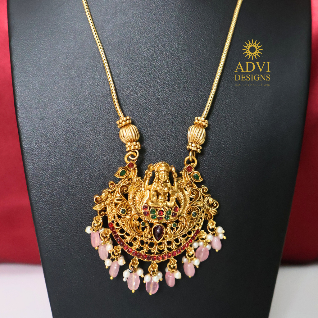 Antique Gold Lakshmi Pendant Haram with Temple Jhumka Earrings & Rose Quartz Drops