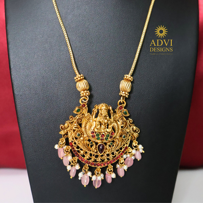 Antique Gold Lakshmi Pendant Haram with Temple Jhumka Earrings & Rose Quartz Drops