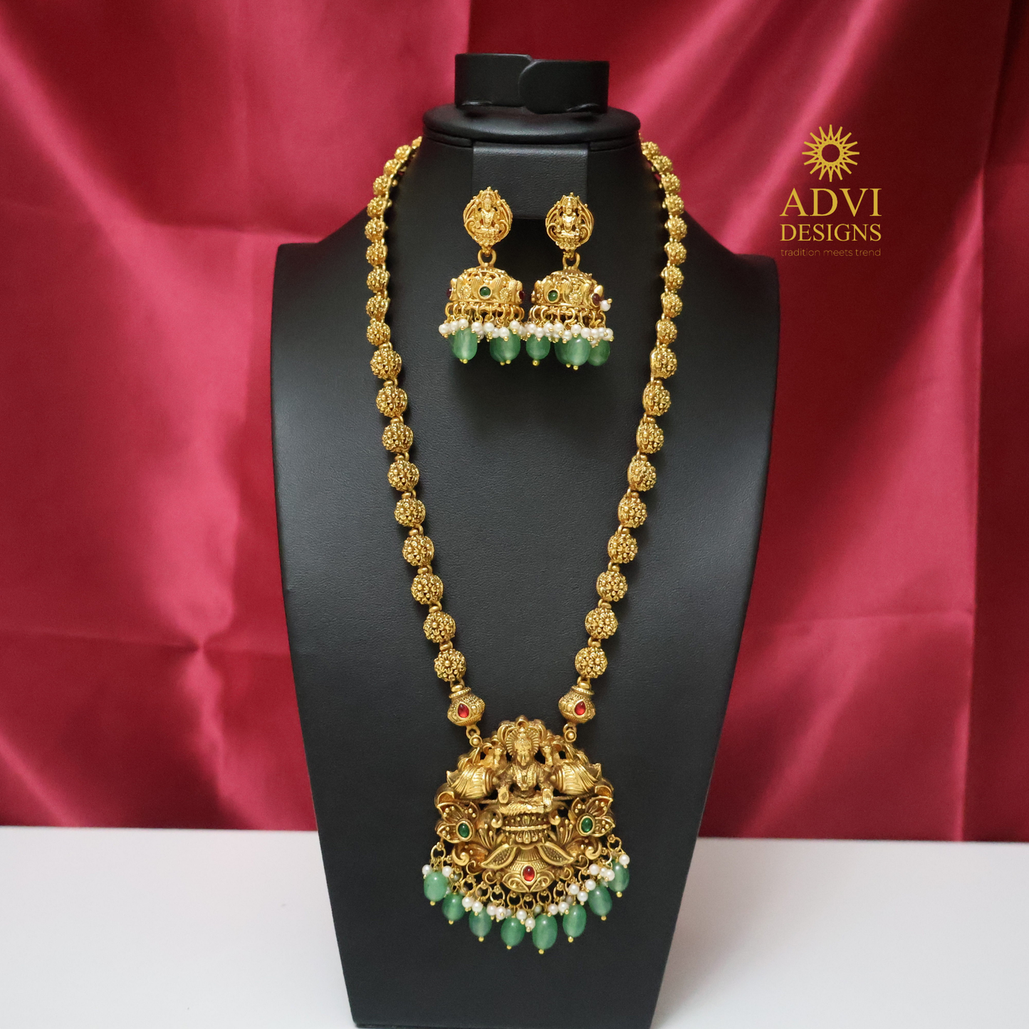 Antique Lakshmi Long Haram Set with Green Beads & Temple Jhumkas