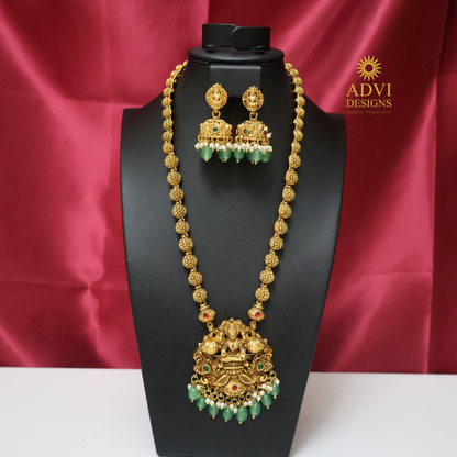Antique Lakshmi Long Haram Set with Green Beads & Temple Jhumkas