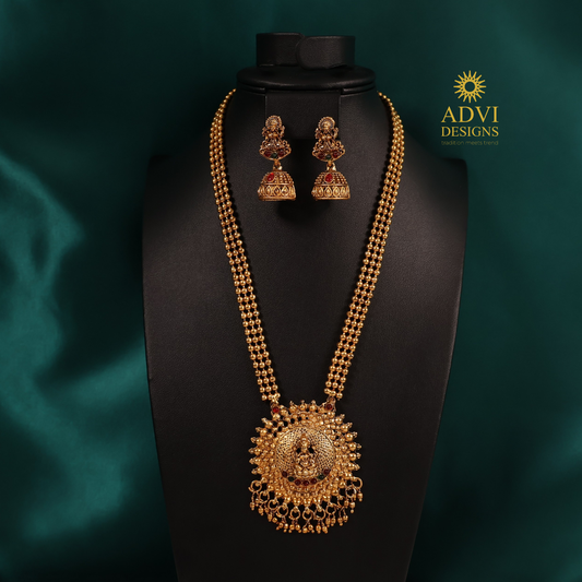 Antique Lakshmi Pendant Long Haram Set with Traditional Jhumkas