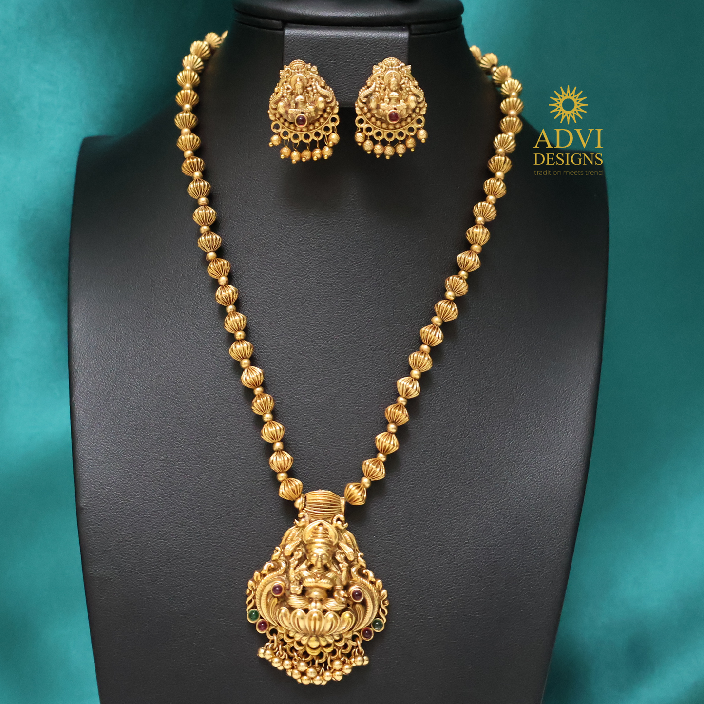 Antique Lakshmi Coin Bead Haram Set with Temple Earrings