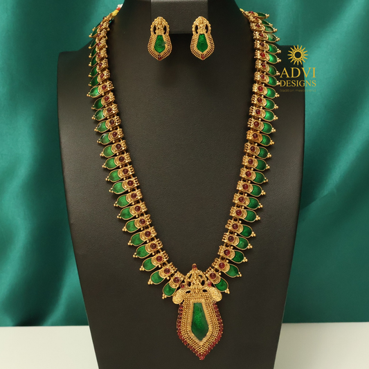 Antique Green Kemp Stone Lakshmi Haram Set with Statement Pendant