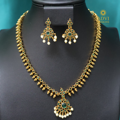 Emerald Pearl Drop Antique Gold Attigai Necklace Set