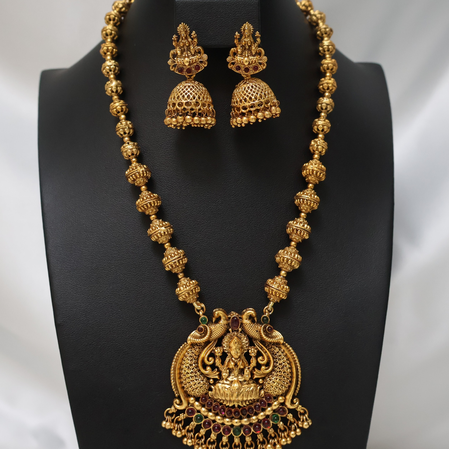 Antique Gold Lakshmi Peacock Long Haram Set with Jhumkas