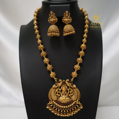 Antique Gold Lakshmi Peacock Long Haram Set with Jhumkas