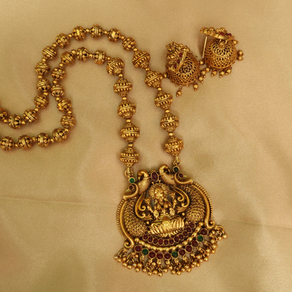 Antique Gold Lakshmi Peacock Long Haram Set with Jhumkas