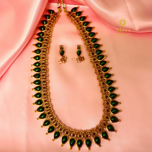 Emerald Green Antique Finish Long Haram Set with Pearl Drop Earrings